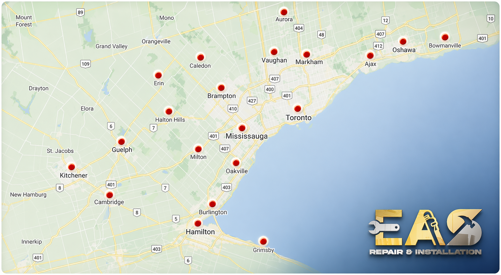 EAS Repair and Installation service area map covering Toronto and the GTA